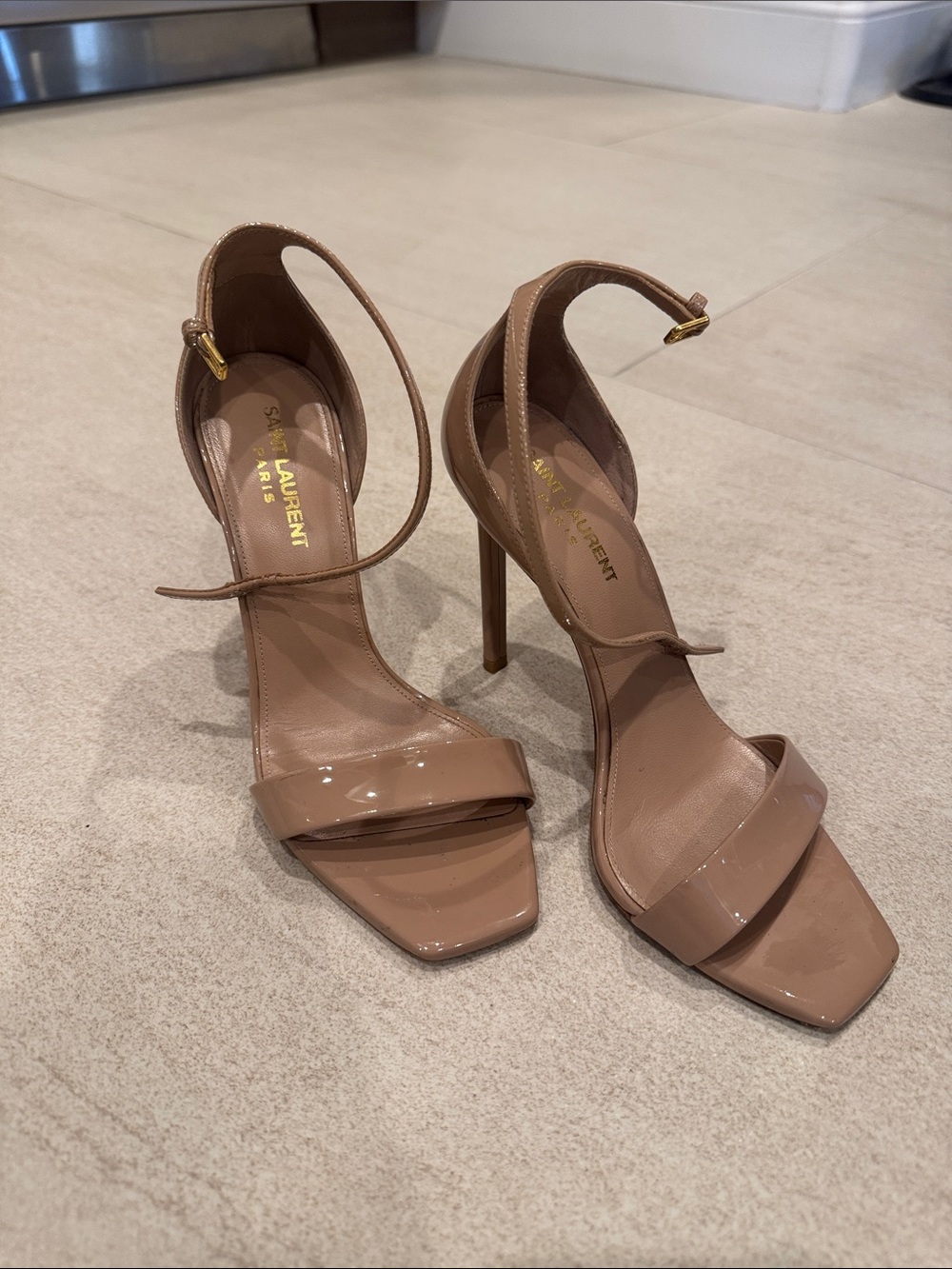 Saint Laurent Amber Nude Patent Ankle-Strap Stiletto Sandals